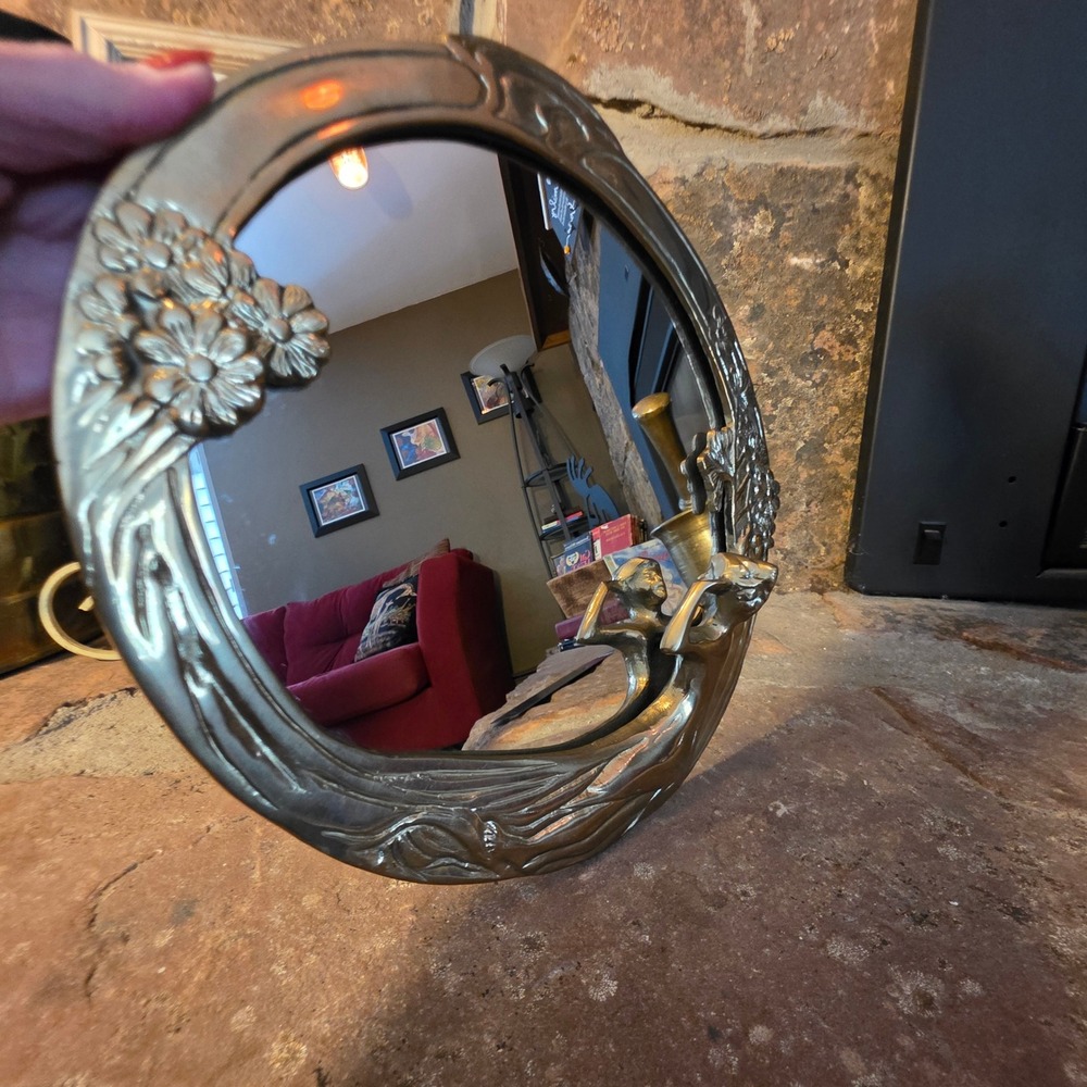 Gatco Vintage Art Nouveau Solid Brass Nymph Flower Round Mirror Vanity Tray 9.5" - Picture 9 of 11
